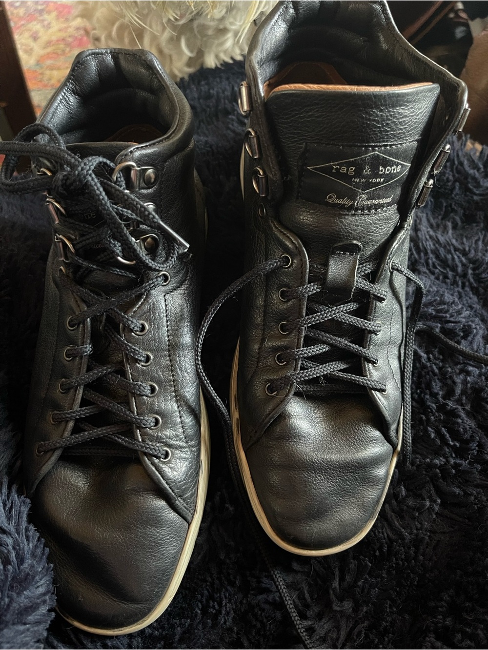 rag & bone Black Leather Lace-Up Ankle Boots with White Trim